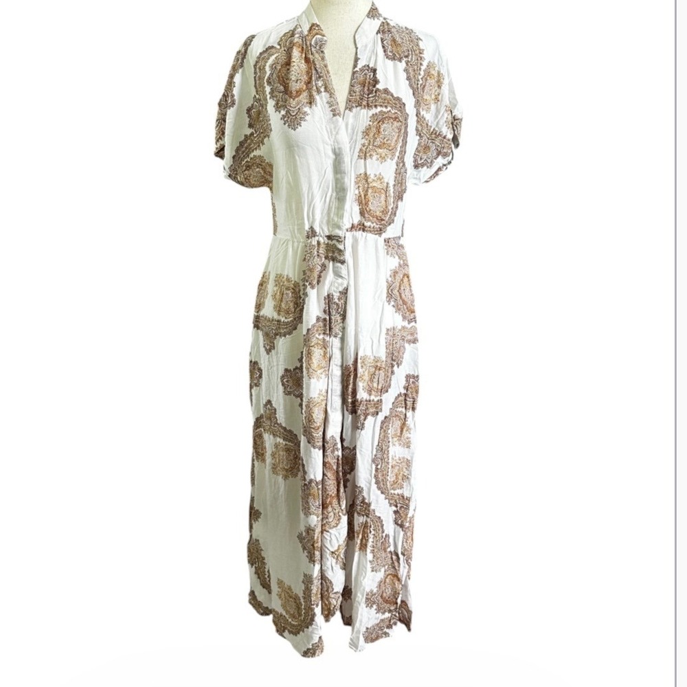 H&M Women Paisley Hi-Low Maxi Dress White Brown Boho Short Sleeve Size 2 | 0116